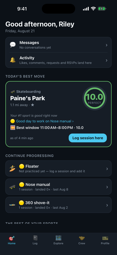 All Seasons Crew home screen showing Today's Best Move with a live conditions score