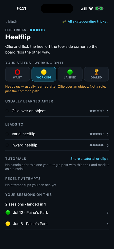 Trick progression tree with landed and in-progress tricks